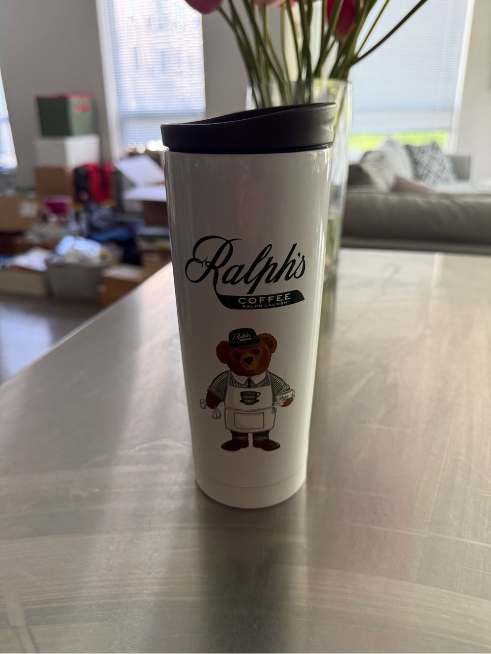 Ralph Lauren White Travel Tumbler with Bear Graphic and Black Lid